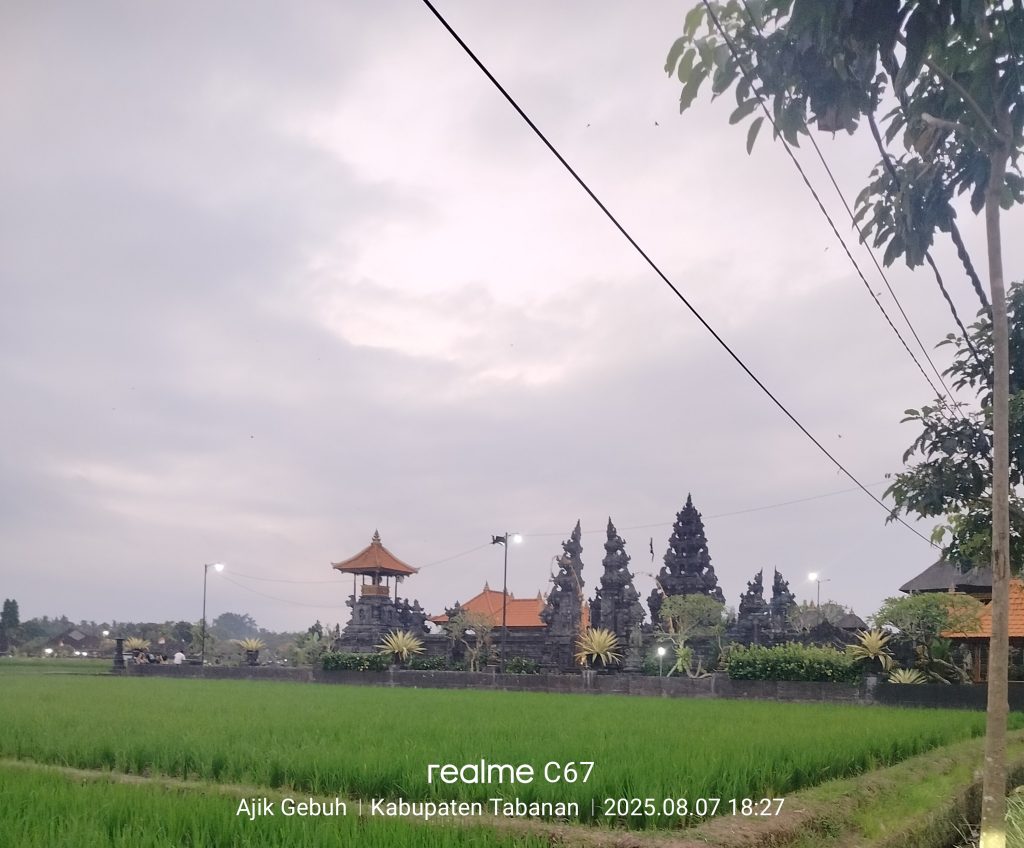 Hamparan sawah hijau dengan latar belakang Pura yang megah di Kabupaten Tabanan, Bali, memancarkan ketenangan dan keharmonisan alam serta spiritualitas umat Hindu menjelang Hari Suci Purnama. Pemandangan ini menggambarkan keseimbangan antara budaya agraris dan kehidupan religius masyarakat Bali. (Foto: Ajik Gebuh)