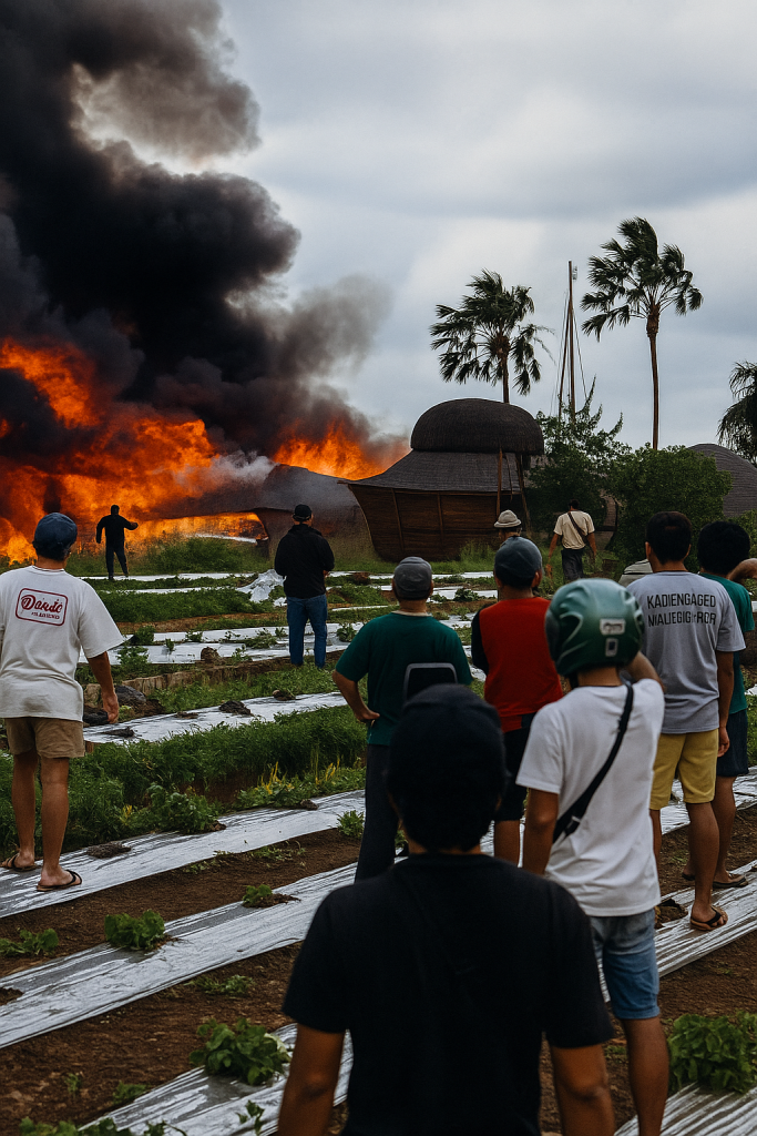Warga menyaksikan kobaran api yang melalap Ulaman Eco Luxury Resort di Desa Buwit, Kecamatan Kediri, Tabanan, Bali, Jumat (15/8/2025) siang. Material bangunan yang mudah terbakar dan angin kencang membuat api cepat menjalar ke seluruh area resort. (Foto: Istimewa)