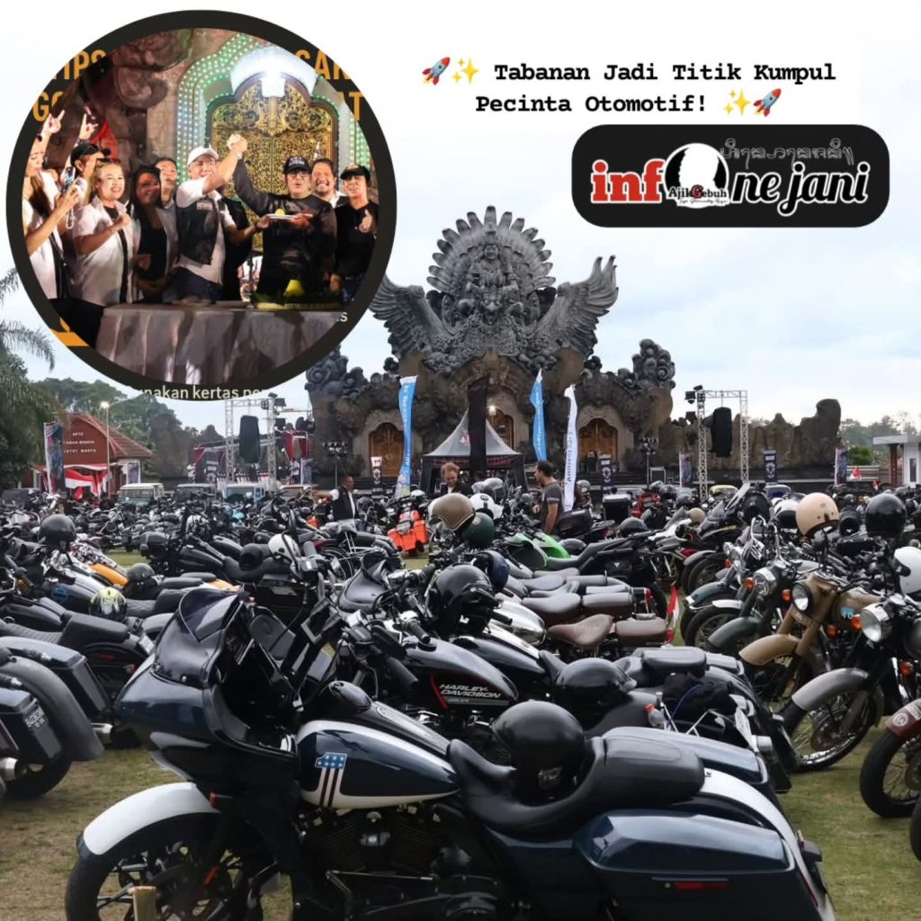 “Ribuan motor besar dari berbagai komunitas memenuhi kawasan Taman Bung Karno, Garuda Wisnu Singasana, Tabanan, saat perayaan HUT ke-5 Tabanan Chapter yang dirangkaikan dengan Granary Bike Fest ke-2. Acara ini turut dihadiri Bupati Tabanan, I Komang Gede Sanjaya, serta menjadi ajang silaturahmi pecinta otomotif se-Bali.” (Foto: Istimewa)