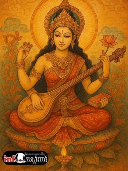 Ilustrasi Dewi Saraswati, simbol ilmu pengetahuan suci yang dipuja umat Hindu pada perayaan Rahina Saraswati. (Foto: Istimewa