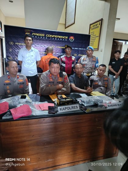 Kapolres Tabanan AKBP I Putu Bayu Pati saat memberikan keterangan pers terkait kasus penusukan akibat hubungan gelap di Kecamatan Selemadeg, Tabanan.